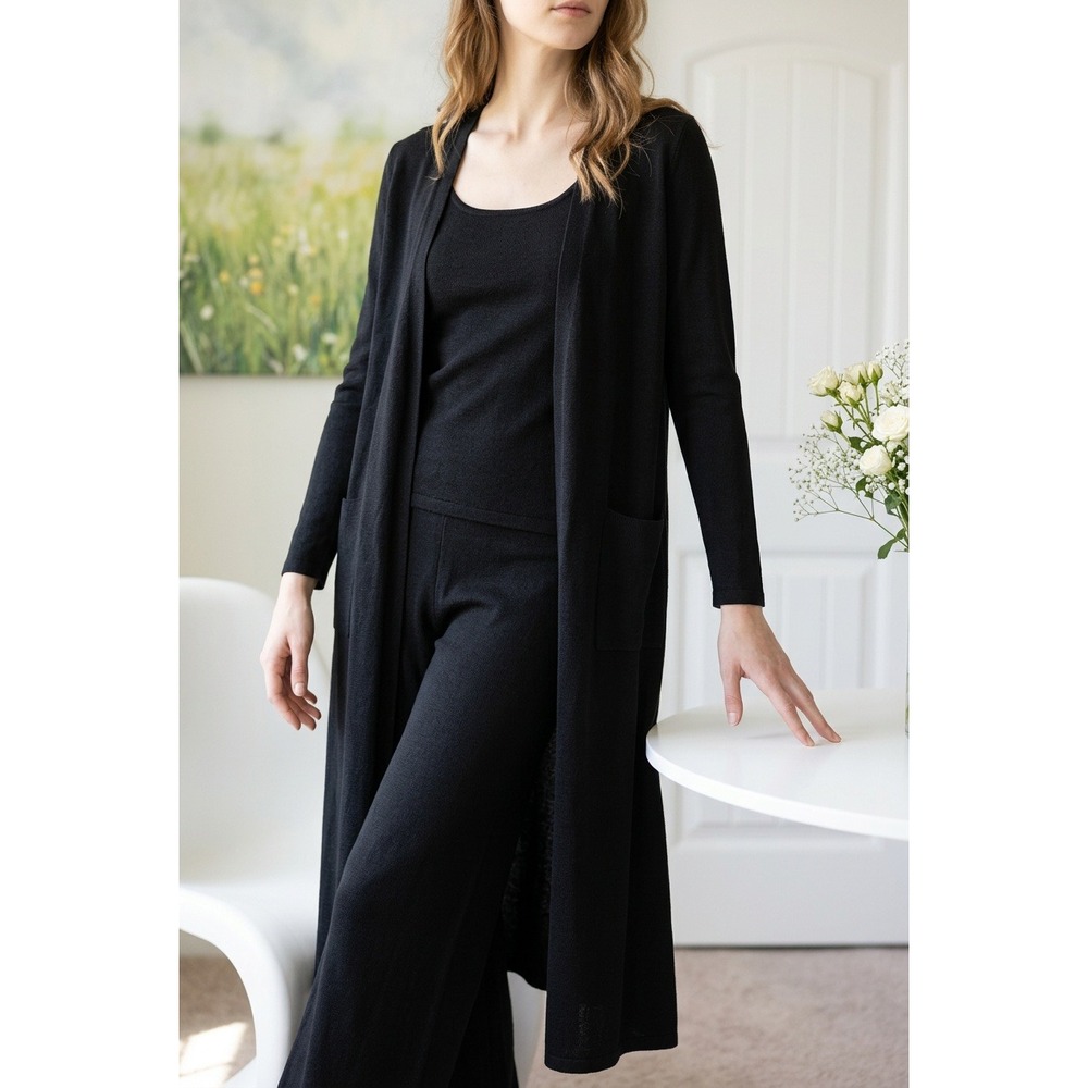 LuLaRoe Sarah Cardigan XS Black Long Open Front Duster Sweater Pockets Boho Chic